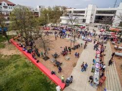 Aerial of the Quad with lots of people there