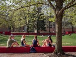 A few students sitting on the edge of the quad on a sunny day