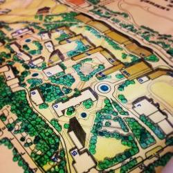 Hand drawn landscape and building design map from 1970's campus master plan