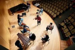 Overhead view of musicians on stage.