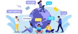 Graphic of people sitting around a world globe saying hello in different languages